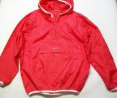 více - 0408 Šusťáková bunda bez podšívky přes hlavu červená, bílé lemy  DECATHLON   9-10 let  v.134/140