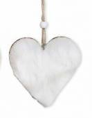 více - Dřevěné srdce s bílou kožešinkou na zavěšení   9cm