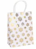 více - Střední vánoční dárková taška bílá se zlatými vločkami   16 x 21 x 8cm