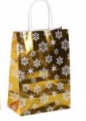 více - Střední vánoční dárková taška zlatá s bílými vločkami   16 x 21 x 8cm